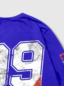 ROMWE MEN Prep Men's Letter Print Long Sleeve Baseball T-Shirt, Suitable For Everyday Wear, Spring/Summer - Blue - View 5