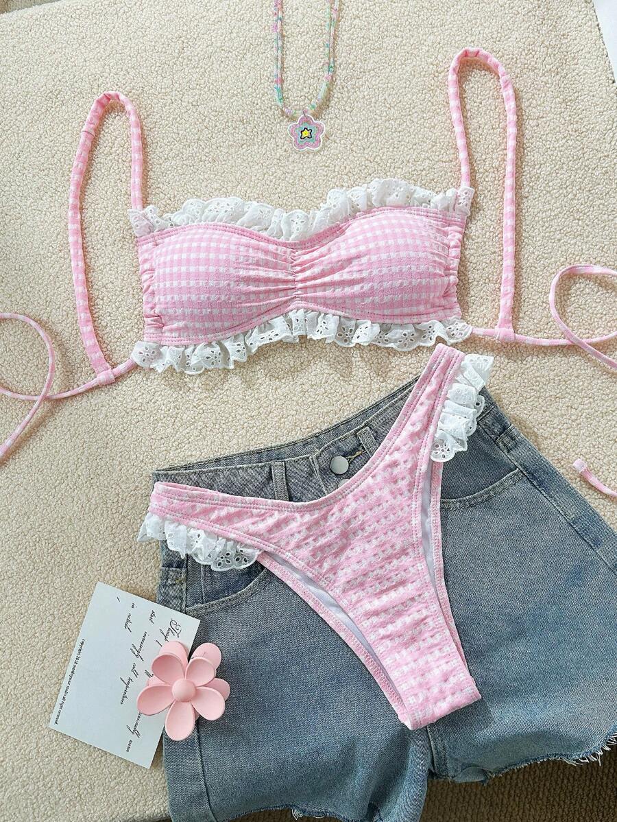 Swim Mod 格子印花荷叶边比基尼套装，夏季可爱女士泳衣 - 粉色 - 查看 1