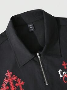 ROMWE MEN Goth 男士字母与十字图案印花短袖工装口袋休闲衬衫