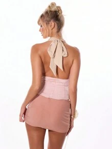 MUSERA Textured Satin Contrast Halterneck Eyelet Lace Up Corset Top Romantic Fall Autum  Spring Summer Festival Holiday - Baby Pink - View 3