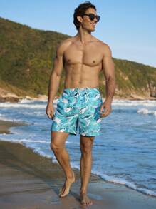 Manfinity Swimmode Men's Shark Print Drawstring Waist Beach Shorts Men Swim Trunks - Blue - View 8
