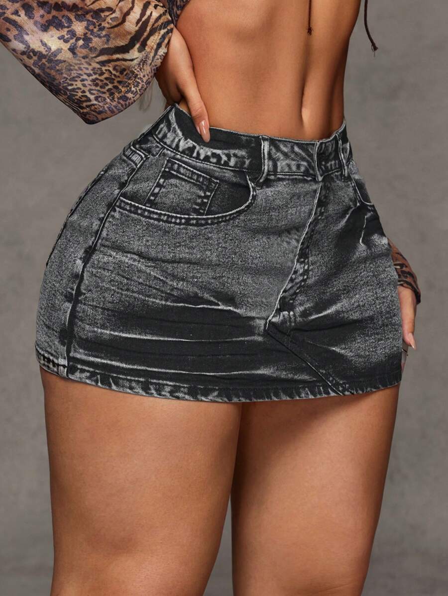 SHEIN BAE Váy denim mini ôm sát cổ bẻ rách cá tính dành cho nữ - Xám - Xem 1
