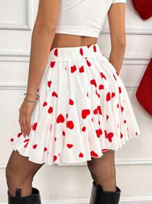 SHEIN Essnce 女式红心印花荷叶边下摆迷你裙、高腰百褶裙、性感芭蕾裙、情人节、街头风格、春秋裙、白色裙子、白色迷你裙、迷你裙、音乐会、新年派对裙、情人节连衣裙 - 白色 - 查看 3