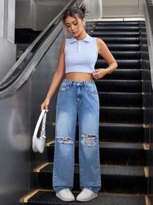 2pcs Teenage Girls Sleeveless Collared Crop Top & Straight Leg Ripped Jeans, Excluding Accessories - Blue - View 1
