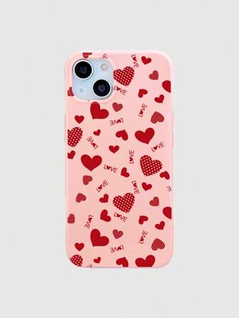 Kawaii Valentine's Day Red Heart & LOVE Letter Print Pink Phone Case Compatible With Iphone