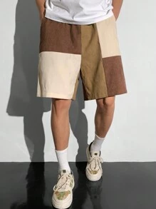 SHEIN 1 Pc Teen Boy's Loose Fit Men's Color Block Drawstring Waist Corduroy Shorts;Spring Wear; Teen Boys' Clothing; Teen Boy' Jackets, Spring Back To School