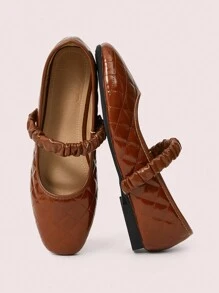 CUCCOO DOLLMOD Women's Round Toe Square Pattern Glossy Patent Leather Embroidered Pleated Elastic Band Ballet Flats - Brown - View 2