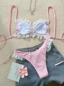 Swim Mod 格子印花荷叶边比基尼套装，夏季可爱女士泳衣 - 粉色 - 查看 2