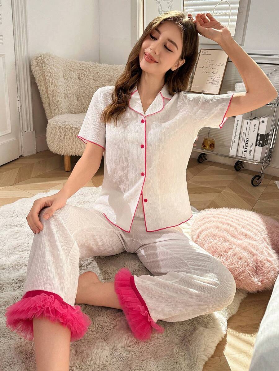 Teen Girls White Simple Fashionable Casual Contrast Ruffle 2 Pieces Pajama Set - White - View 1