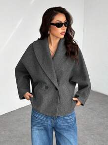 SHEIN PETITE Abrigo elegante de mezcla de lana gris, cálido para otoño e invierno, nuevo lanzamiento