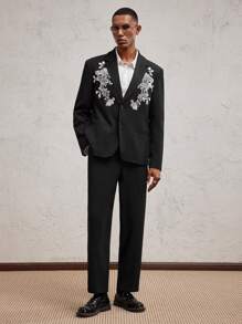 AKNOTIC Business Casual 2pcs Men Black Woven Sequin Patch Slim-Fit Notch Lapel Suit Set, Suitable For Spring/Summer, Vacation, Wedding, Party, Graduation Gift - Black - View 5