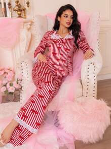 Bộ đồ ngủ sọc đỏ nhiều màu nơ dễ thương cho nữ, phong cách Ins, cho ngày lễ tình nhân - Nhiều màu - Xem 4