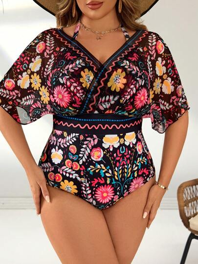 Swim Lushoire 1pc Plus Size Printed Casual One-Piece Swimsuit, Simple & Stylish For Summer Beach Vacation & Everyday Wear