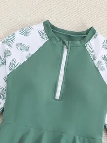 Girls' Tropical Leaf Print Zipper Crop Top And Contrast Hem Pants Two-Piece Swimwear Set