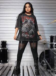 ROMWE Grunge Punk 朋克骷髅印花透明宽松大码 T 恤 - 黑色 - 查看 5