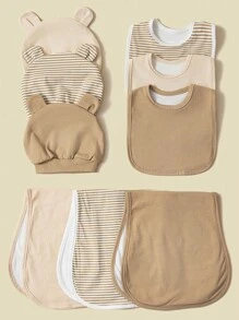 9pcs/Set Infant Burp Cloths, Bibs & Hats, Soft Breathable Striped Neutral Style, Newborn Gift