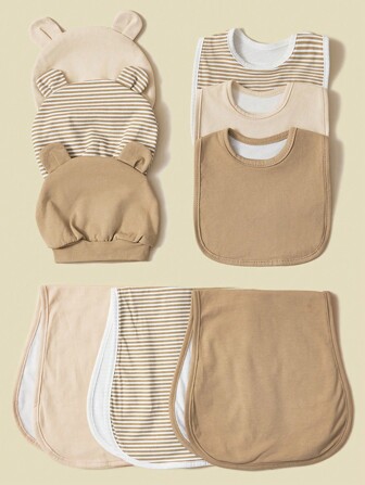 9pcs/Set Infant Burp Cloths, Bibs & Hats, Soft Breathable Striped Neutral Style, Newborn Gift