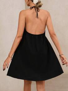 SHEIN VCAY 女士度假休闲刺绣露背系带短裙 - 黑色 - 查看 2