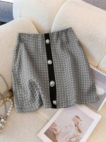 Chiquease Women's Houndstooth Pattern Decoration Buttons Minimalist Skirt With Zipper - Black - View 5