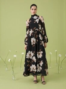 Oxana Vestito lungo elegante con maniche a lanterna, collo a lupetto, stampa floreale bohémien nera in chiffon, adatto per vacanze, primavera, matrimoni, festival, concerti, Ibiza e balli - Multicolore - Visualizzare 7