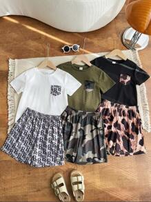 6pcs/Set Young Boys Casual Funny Cute Patchwork Print Pattern Round Neck Short Sleeve T-Shirt & Shorts 2 Pieces Outfits, 3 Designs, Suitable For School, Garden, Beach, Birthday, Spring/Summer/Autumn/Winter - Multicolor - View 10