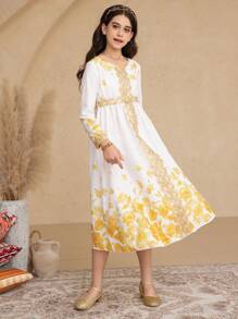 Tween Girls' Elegant Floral Lace & Gradient Rose Print Long Sleeve Dress, Suitable For Daily Work, Parties, Family Gatherings, Casual Vacation, Spring/Summer - White - View 3