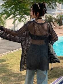 DAZY 女士宽松网眼镂空长袖透明毛衣