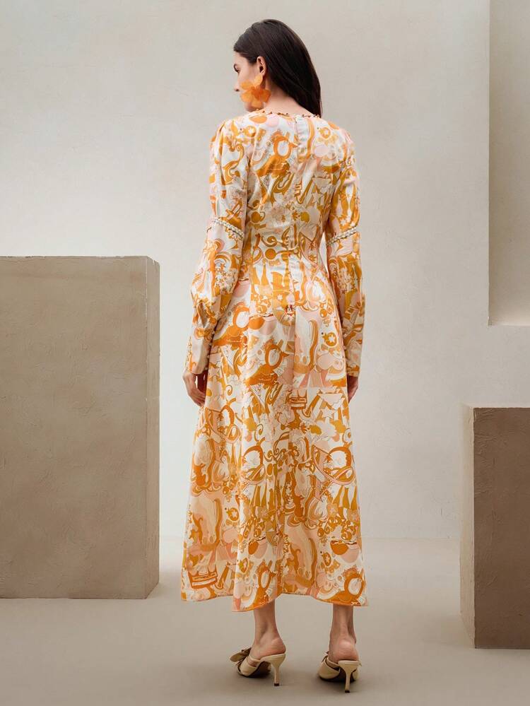 Women's Retro Elegant V-Neck Beaded Chain Jacquard Ribbon Long Sleeve Puff Print Luxurious Waisted A-Line Maxi Dress, Floral, Beach, Spring Outfits