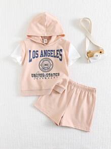 Cozy Pixies 2 pièces Ensemble pour bébé garçon avec sweat-shirt à capuche en tricot doux à imprimé lettres et couleur contrastée, et short à taille élastique - Kaki - Voir 7