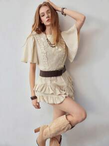 MOTF STUDIO 对比色蕾丝荷叶边连衣裙 - 杏色 - 查看 1