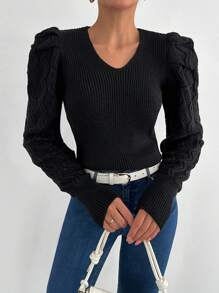 SHEIN Cottnline V-Neck Solid Color Puff Sleeve Knit Pullover Sweater - Black - View 4
