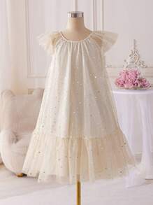Glamorique Kids Vestido de princesa con estampado de estrellas y lunas para niña preadolescente, adecuado para festivales, reuniones familiares y salidas casuales. El diseño único con estampado de estrellas y lunas y la falda voluminosa de tul hacen que este vestido sea a la vez soñador y juguetón.