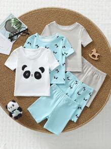6 Stücke/Set Säuglings- und Kleinkind Jungen süßer Panda Muster Eng anliegendes Kurzarm T-Shirt & Shorts Schlafanzug Set