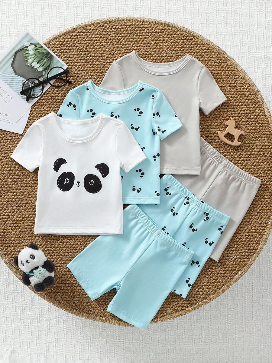 6 Stücke/Set Säuglings- und Kleinkind Jungen süßer Panda Muster Eng anliegendes Kurzarm T-Shirt & Shorts Schlafanzug Set