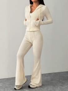 SHEIN PETITE Set de 2 piezas de chaqueta con capucha y pantalones de unicolor, conjunto casual