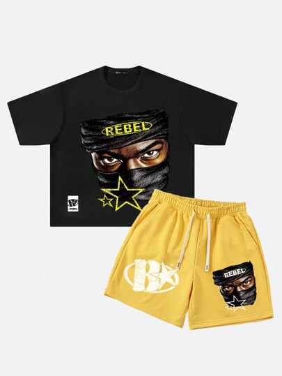 Street Life Men Street Figure Loose Cropped Print T-Shirt Set