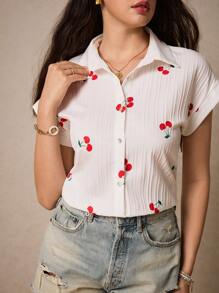 Poéselle 女夏樱桃蝙蝠袖衬衫宽松夏装衬衫夏季衬衫短袖衬衫女衬衣 - 白色 - 查看 4