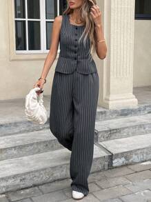 Serisse 秋冬女士条纹吊带背心和裤子套装 - 灰色 - 查看 7