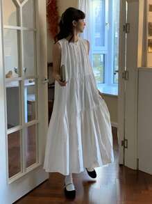 DAZY 女式圆领无袖中长连衣裙，简约时尚休闲，适合日常穿着 - 白色 - 查看 1