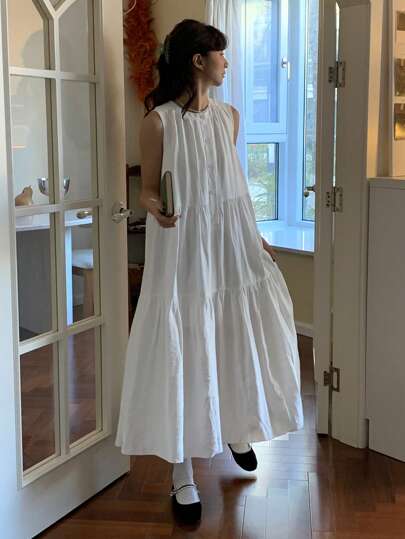 DAZY 女式圆领无袖中长连衣裙，简约时尚休闲，适合日常穿着