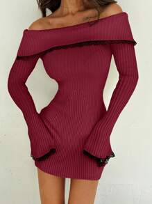 Firerie Elegant And Sexy White Contrast Color Lace Splicing Off Shoulder Bell Sleeve Cinched Waist Mini A-Line Sweater Dress, Autumn/Winter - Burgundy - View 4