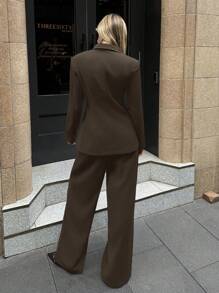 Aloruh Women's Notched Collar Jacket And Pants Commuting Daily Basic Business Suit Set In Fall/Winter - Coffee Brown - View 2