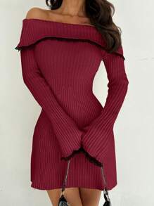 Firerie Elegant And Sexy White Contrast Color Lace Splicing Off Shoulder Bell Sleeve Cinched Waist Mini A-Line Sweater Dress, Autumn/Winter - Burgundy - View 7