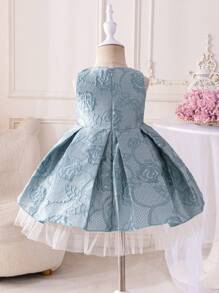 Glamorique Kids Vestido de fiesta elegante de princesa para niñas bebé sin mangas con superposición de malla, vestido de jacquard de alta calidad, digno y elegante, adecuado para fiestas glamorosas europeas, americanas, eventos y ocasiones especiales - Azul - Ver 2
