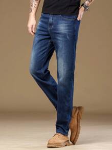 Manfinity Homme Men's Casual Straight Fit Pockets Jeans, Versatile - Medium Wash - View 4