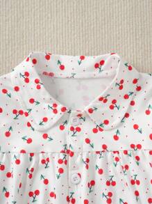 2pcs Baby Girls Red & White Color Block Printed Short Sleeve Crop Top And Shorts Set, Home Outfit