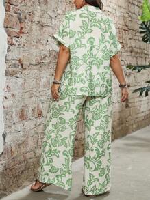 Breezaya Plus Size Women Floral Print Tie Front Shirt & Wide Leg Pants Two-Piece Set, Summer, Boho