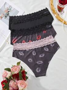 3pcs/Set Plus Size Valentine's Day Lace Trim Bow Decor Panties