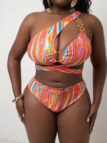 Slaydiva Conjunto de bikini de traje de baño para mujer talla grande con estampado abstracto y decoración de hebilla de metal para el verano