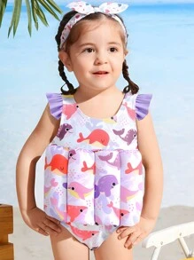 SHEIN Baby Mädchen Cartoon Fisch Muster Rüschenbesatz Carmen-Ausschnitt süßer Einteiler Badeanzug für Strandurlaub